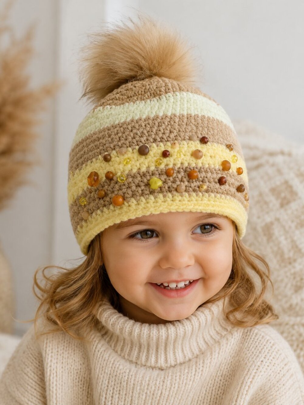 Handmade Girls Crochet Beanie Faux Fur Pom Beaded Winter Hat Size 2-4T